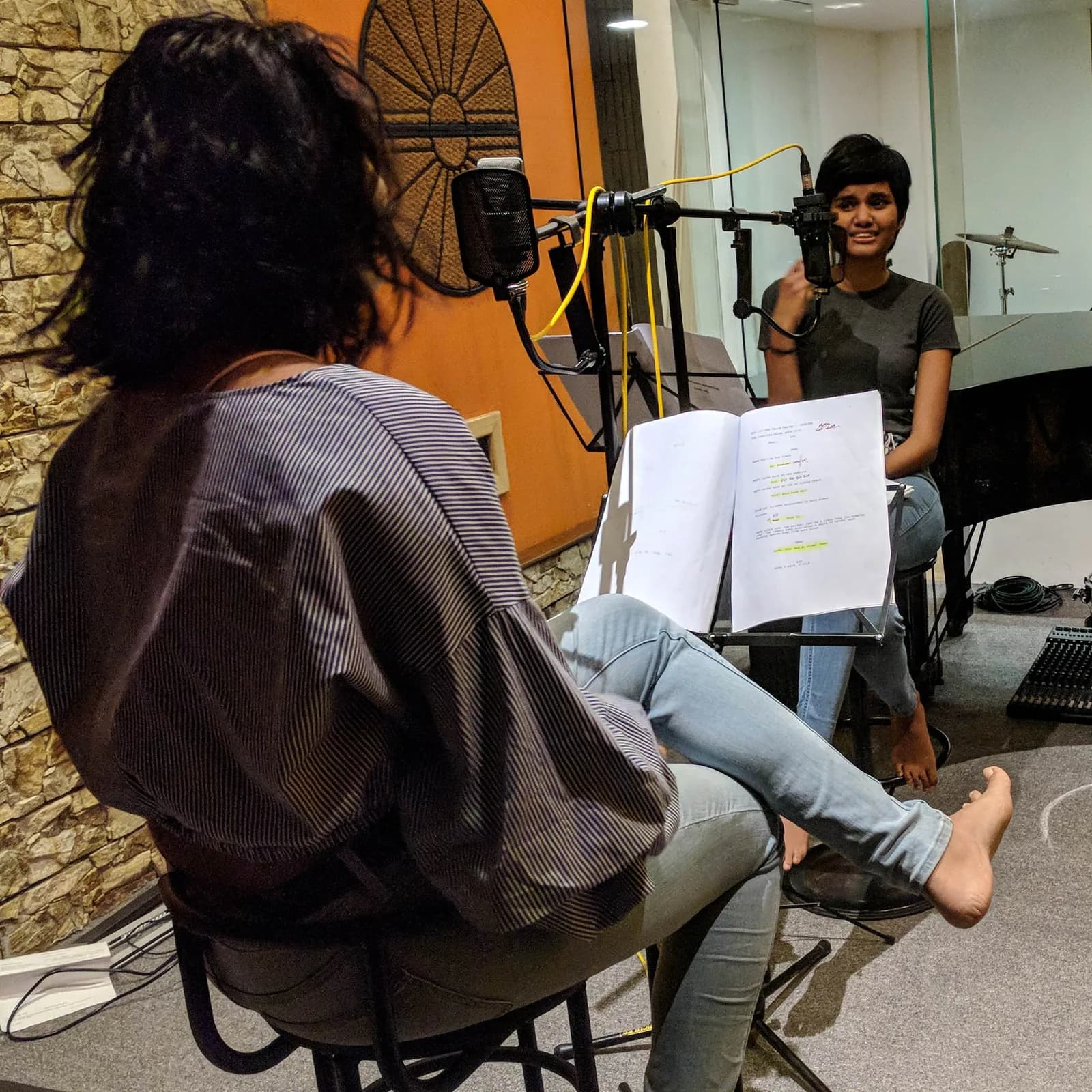 Recording a voice performance with a microphone and script