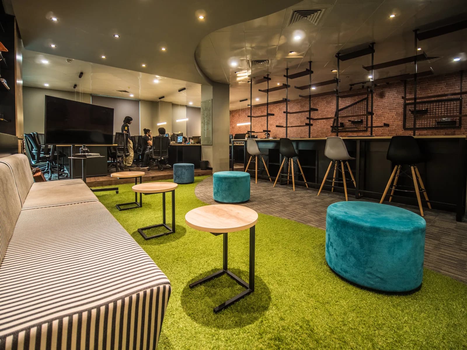 The studio lounge and its colorful seating