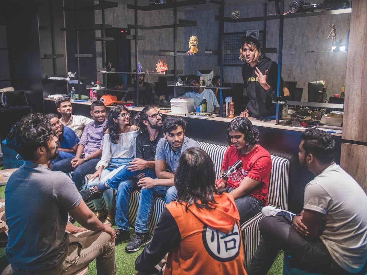 The team gathered for a studio celebration